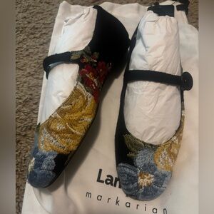 Larroudé x Markarian Flat In Black Wool and Floral Embroidery NWT